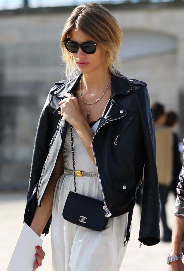 street-style-leather-moto-jacket-over-the-shoulders-paris-fashion-week-ray-ban-wayfarer-sunglasses-layered-necklaces-simple-white-dress-peek-a-boo-bra-